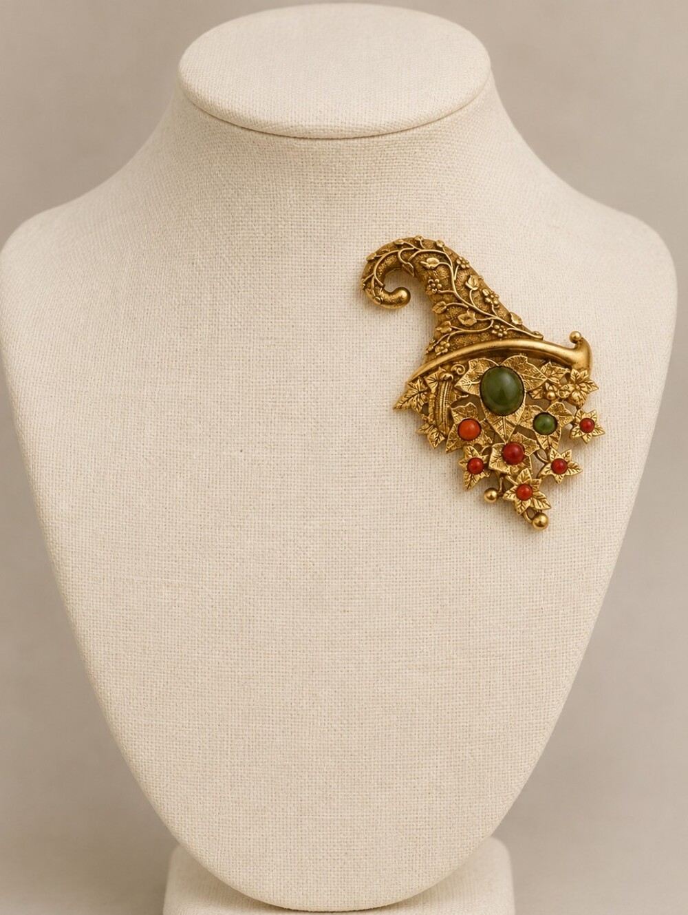 1928 Jewelry Co. Autumn Leaves Cornucopia Brooch Orange Red Green Cabochon